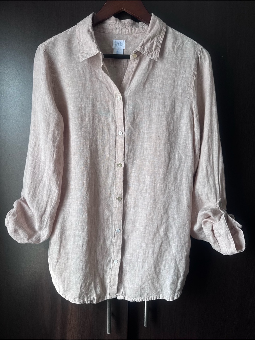 Sigrid Olsen Blush Pink 100% Linen Convertible Roll-Tab Sleeve Shirt - L